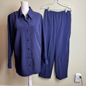 VTG 90s Basic Editions Blue Matching Pant Set 2 Pc Shacket Trouser Blouse 10 8
